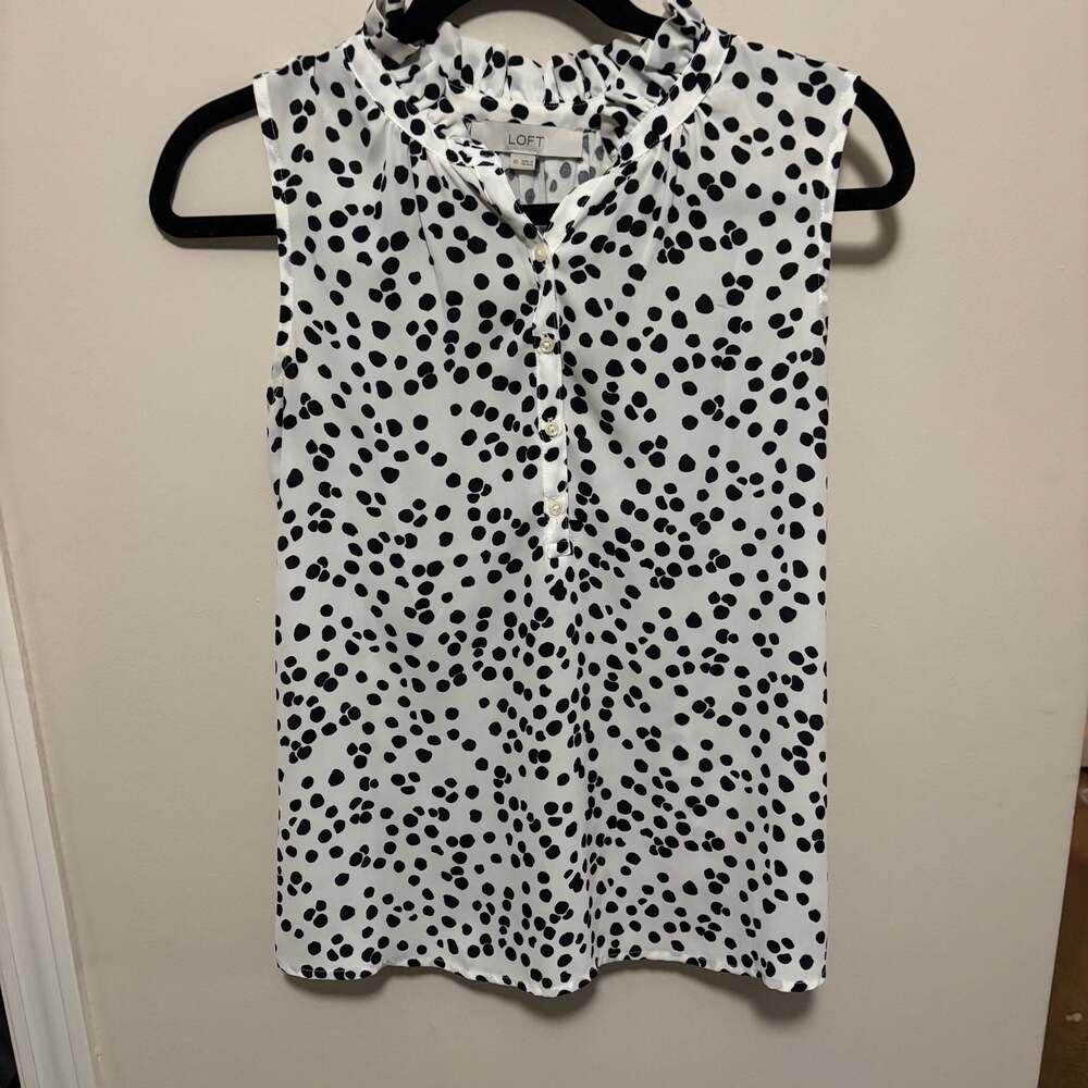 LOFT White and Black Polka Dot Ruffle Neck Mixed Media Shell Blouse